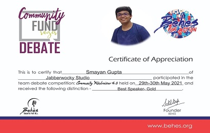 Smayan Gupta of class X A was adjudicated as the best speaker at the debating event organised by ‘Behes’.