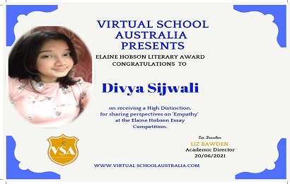 Divya Sijwali bagged Elaine Hobson Literary Certificate by Virtual School Australia for her essay