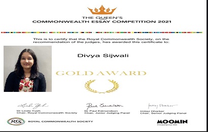 Divya Sijwali won Gold Award at The Queen's Commonwealth Essay Competition 2021